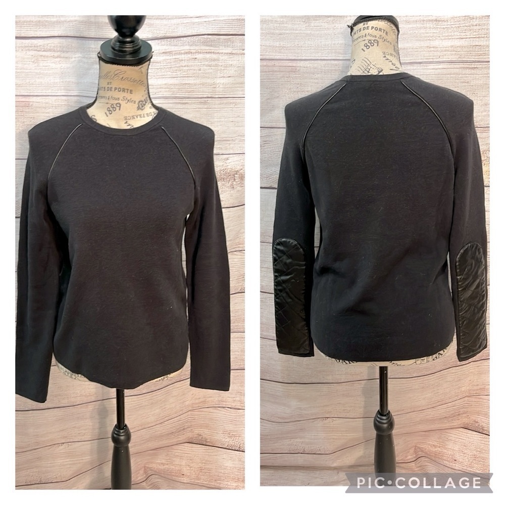 J. McLaughlin Sweater Faux Leather Elbow Pads Trim Black Size XS Vegan